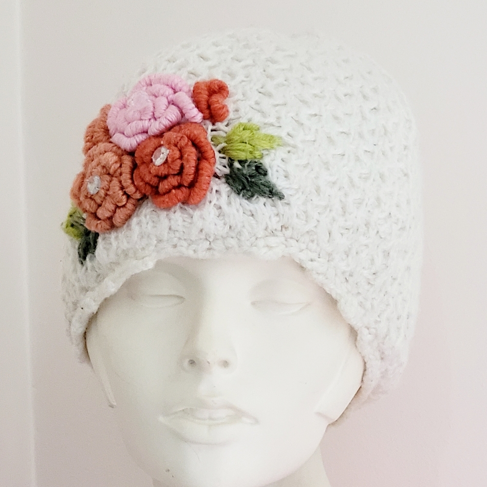 Winter White Knit Cap with Flowers Women's Warm & Stretchy